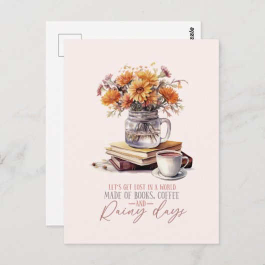 Carte Postale Livres, café et jours pluvieux (Devant / Derrière)