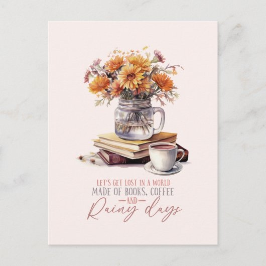 Carte Postale Livres, café et jours pluvieux (Devant)
