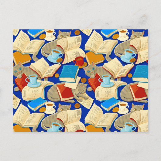 Carte Postale Livres et chats en bleu (Devant)