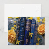 Carte Postale Livres et fleurs (bleu et jaune) (Devant / Derrière)