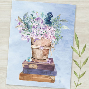Carte Postale Livres et fleurs bleu violet Art