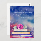 Carte Postale Livres et rose rose Aquarelle Script Citation de l (Devant / Derrière)