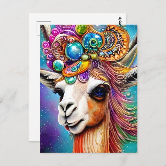 Carte Postale Llama coloré à bijoux (Devant / Derrière)