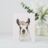Carte Postale Llama Fluffée Cute Avec Couronne Fleur Rose Rose (Debout devant)