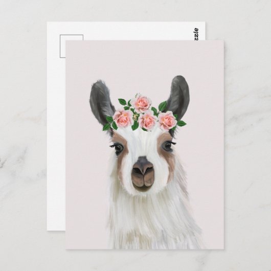 Carte Postale Llama Fluffée Cute Avec Couronne Fleur Rose Rose (Devant / Derrière)