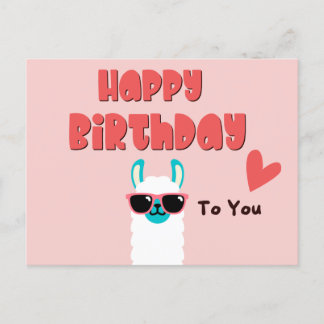 Carte Postale Llama rose mignonne en lunettes anniversaire