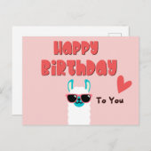 Carte Postale Llama rose mignonne en lunettes anniversaire (Devant / Derrière)