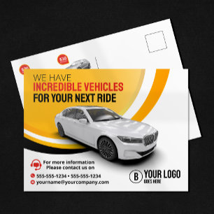 Carte Postale Location de voiture jaune professionnelle Automobi