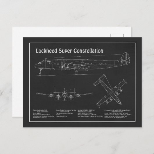 Carte Postale Lockheed L-1049 Super Constellation - Plans PD (Devant / Derrière)