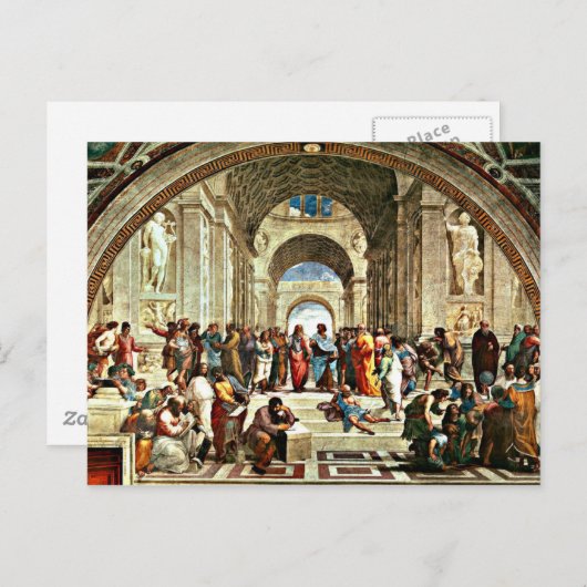Carte Postale L'oeuvre de Raphael de l'"Ecole d'Athènes" (Devant / Derrière)