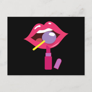 Carte Postale Lollipop rouge lèvres. Bonbons de maquillage rouge