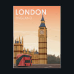 Carte Postale Londres Angleterre Big Ben à Sunset Vintage voyage<br><div class="desc">Illustration de l'affiche de voyage du Retro London England qui présente un bus rouge à deux étages passant devant les Chambres du Parlement au coucher du soleil, ainsi qu'une vue sur la tour de l'horloge connue sous le nom de Big Ben. Ce design vintage vous rappellera des affiches de voyage...</div>