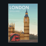 Carte Postale Londres Angleterre Big Ben Vintage voyage<br><div class="desc">Illustration de l'affiche de voyage du Retro London England qui présente un bus rouge à deux étages passant devant les Chambres du Parlement, ainsi qu'une vue sur la tour de l'horloge connue sous le nom de Big Ben. Ce design vintage vous rappellera des affiches de voyage classiques d'une époque révolue....</div>