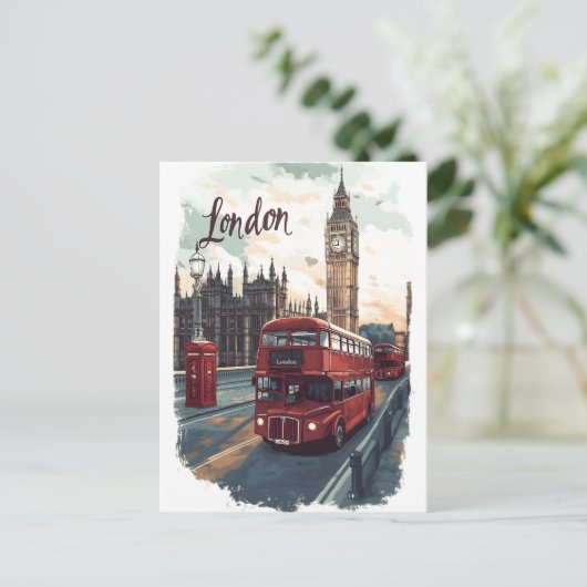 Carte Postale Londres Cityscape avec bus à impériale et Big Ben (Debout devant)
