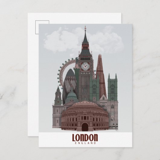 Carte Postale Londres en nuages rouge et vert (Devant / Derrière)