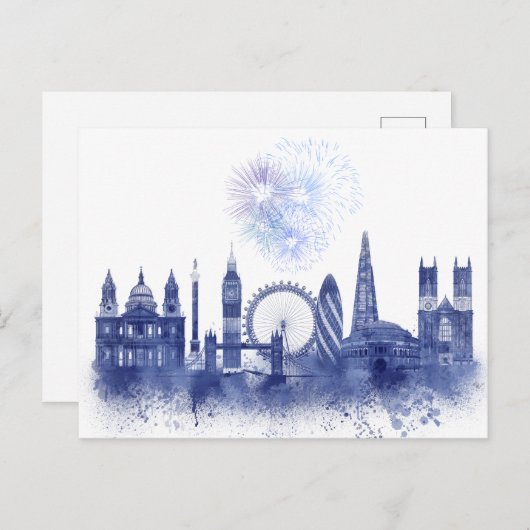 Carte Postale Londres Skyline - Aquarelle bleue (Devant / Derrière)