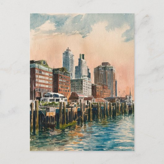 Carte Postale Long Wharf Boston Vintage aquarelle peinture (Devant)