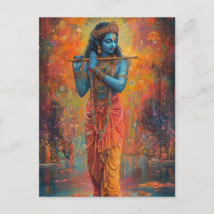 Carte Postale Lord Krishna jouant de la Flûte Orange Bleu Art 
