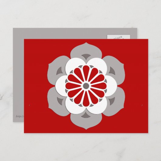 Carte Postale Lotus Flower Mandala, rouge foncé, gris et blanc (Devant / Derrière)