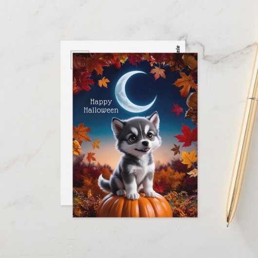 Carte Postale Loup adorable avec Crescent Moon Halloween Art (Devant/Arrière en situation)