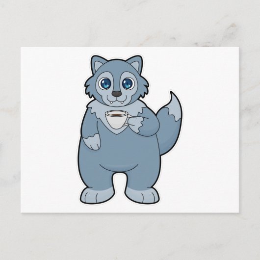 Carte Postale Loup avec une tasse de café (Devant)