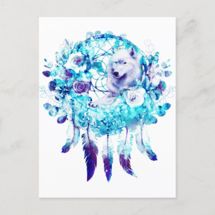 Carte Postale Loup blanc Dreamcatcher bleu violet Floral