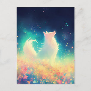 Carte Postale Loup Blanc Éthéré dans une Prairie Lumineuse
