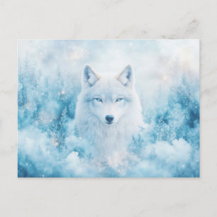 Carte Postale Loup Blanc Majestueux dans une Forêt hivernale gla