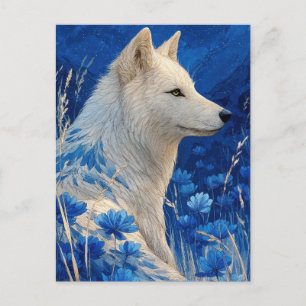 Carte Postale Loup Blanc Noble dans Jardin Bleu de Cobalt