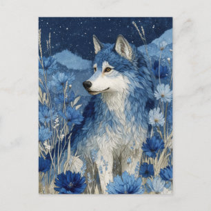 Carte Postale Loup Bleu Majestueux dans Jardin de Fleur Étoilée