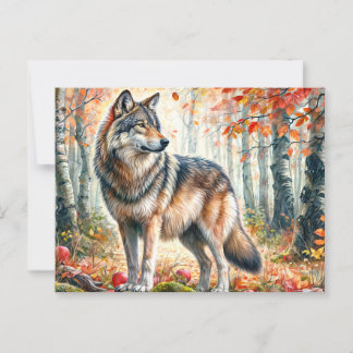 Carte Postale Loup D'Automne Avec Pommes Dans La Forêt D'Automne
