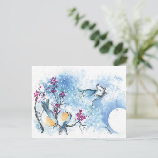 Carte postale Loup de neige et rouges-gorges