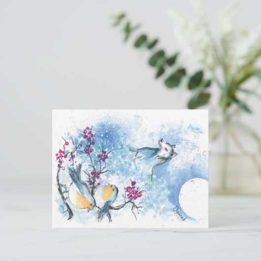 Carte postale Loup de neige et rouges-gorges (Debout devant)