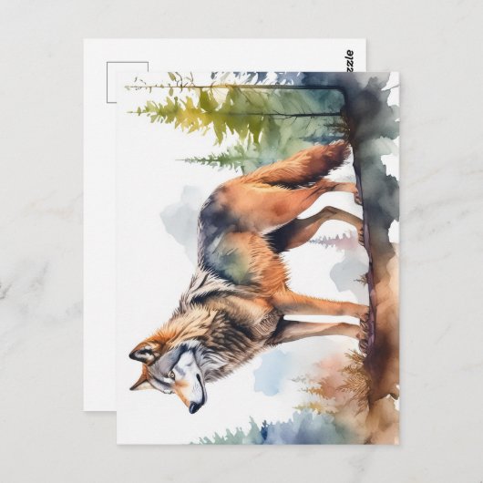 Carte Postale Loup en forêt à l'aquarelle (Devant / Derrière)