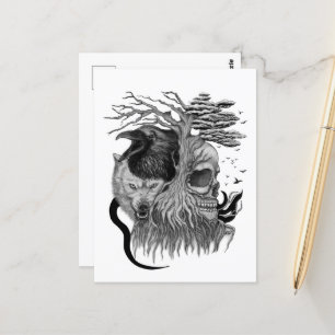 Carte Postale Loup et corbeau avec crâne