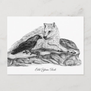 Carte Postale Loup et corbeau - Design noir et blanc