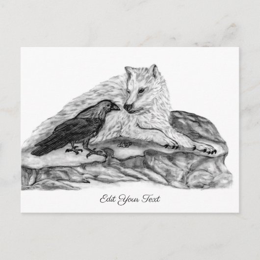Carte Postale Loup et corbeau - Design noir et blanc (Devant)