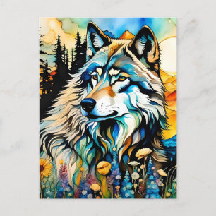 Carte Postale Loup gris et Fleurs sauvages