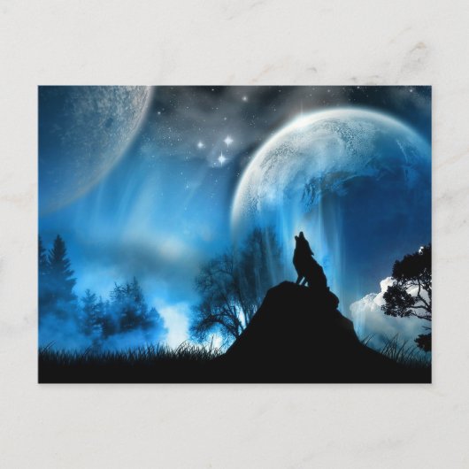 Carte postale Loup hurlant à 2 lunes (Devant)