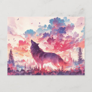 Carte Postale Loup hurlant dans la forêt rose du coucher de sole