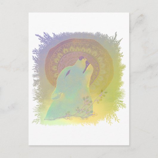 Carte Postale Loup hurlant et branches de plante Mandala encadré (Devant)