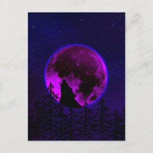 CARTE POSTALE LOUP HURLANT LUNE MAGENTA