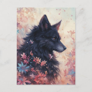 Carte Postale Loup Noir Mystique dans une Prairie Florale Rose