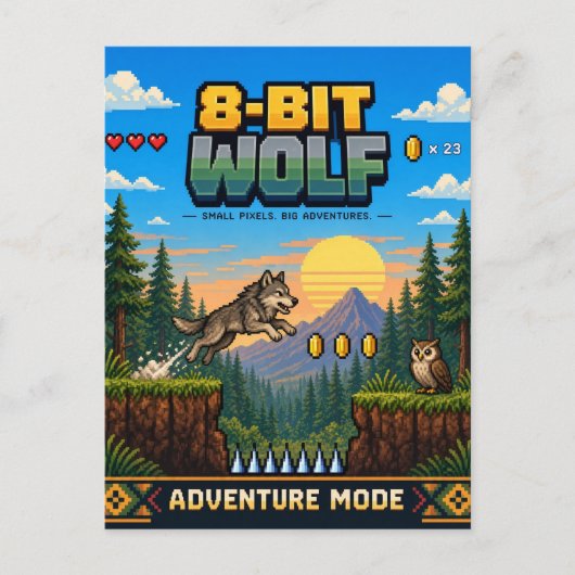 Carte Postale Loup, Rétro Pixel Art 8-Bit (Devant)