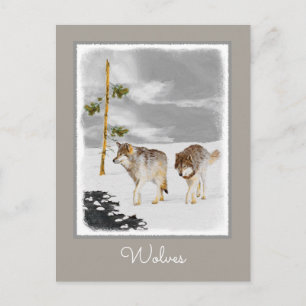 Carte Postale Loups en peinture sur neige - Art original de la f