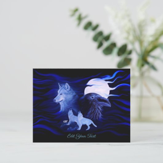 Carte Postale Loups et corbeau avec pleine lune (Debout devant)
