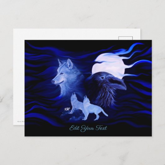 Carte Postale Loups et corbeau avec pleine lune (Devant / Derrière)
