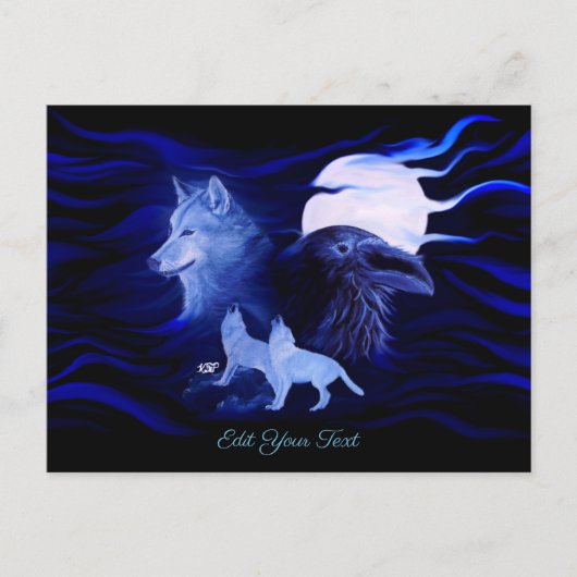 Carte Postale Loups et corbeau avec pleine lune (Devant)