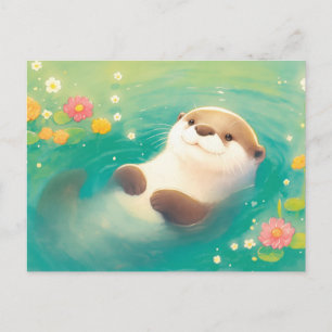 Carte Postale Loutre à l'aquarelle douce Fleurs d'étang