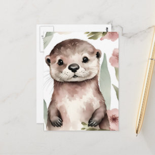 Carte Postale Loutre adorable avec des fleurs roses
